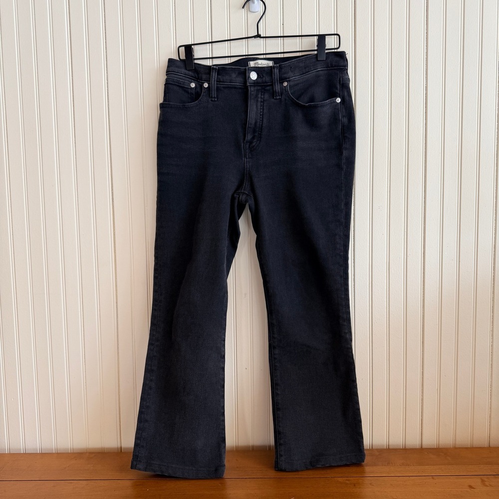 Madewell Mid-Rise Kick Out Jeans Black Wash Size 28 Stretch Denim Flare Hem‎